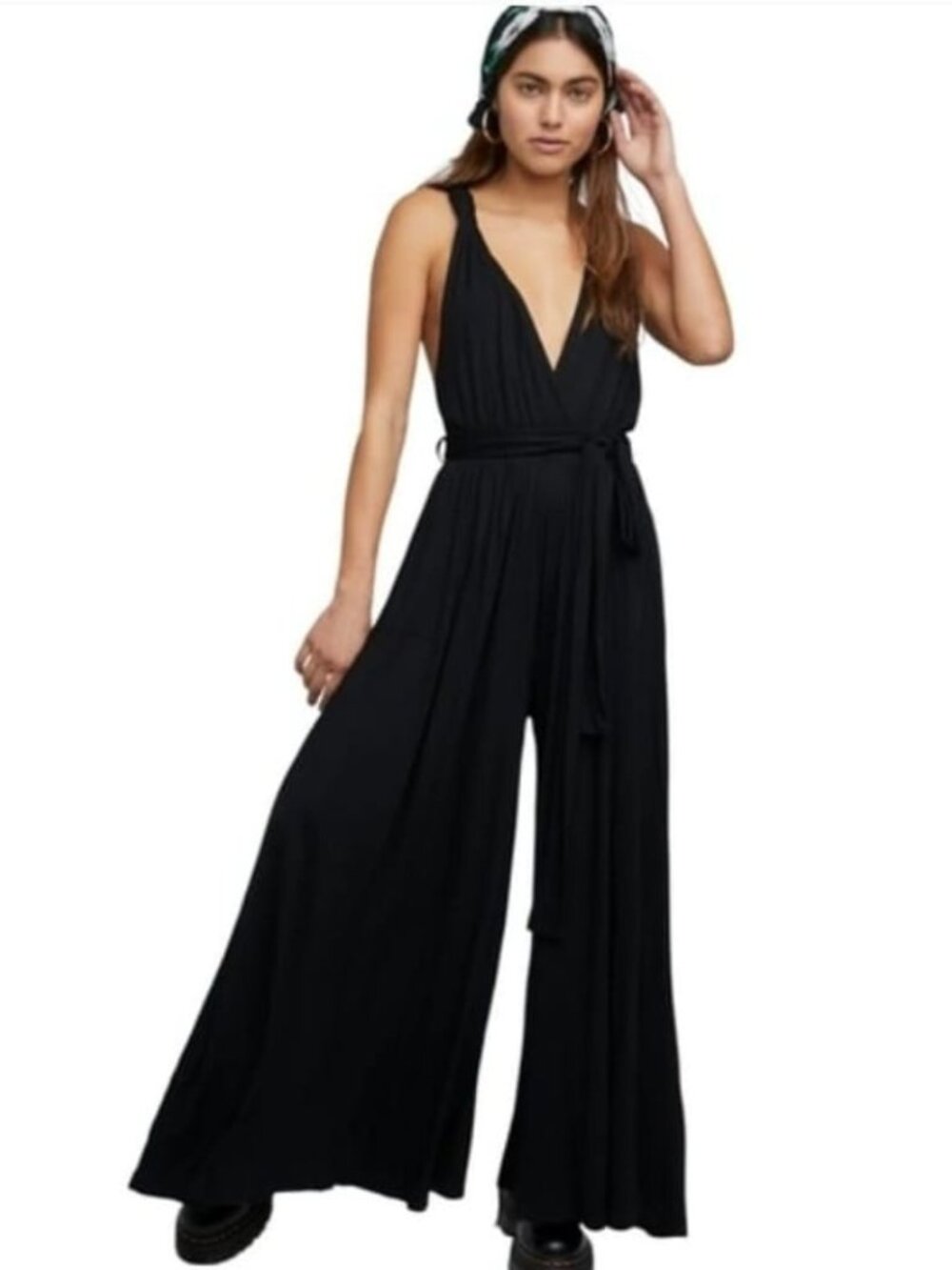 Free People Beach Dani Convertible Halter Wide Leg Black Jumpsuit Sz Sm NWOT
